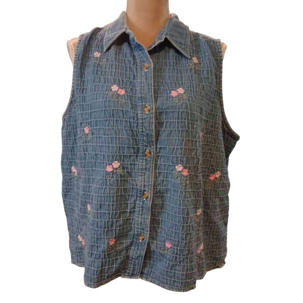 Fashion Bug Womens 18/20W Blue Denim Embroidered Smocked Sleeveless Shirt Top